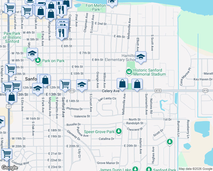 map of restaurants, bars, coffee shops, grocery stores, and more near 1002 Celery Avenue in Sanford