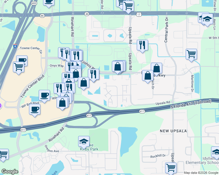 map of restaurants, bars, coffee shops, grocery stores, and more near 2520 Stockton Drive in Sanford