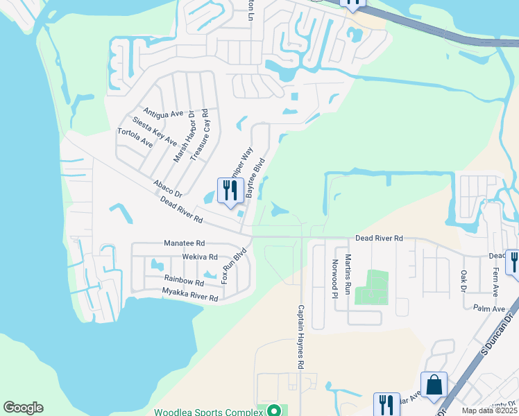 map of restaurants, bars, coffee shops, grocery stores, and more near 110 Baytree Boulevard in Tavares