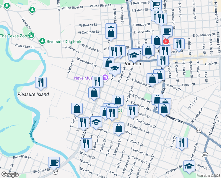 map of restaurants, bars, coffee shops, grocery stores, and more near 209 West Commercial Street in Victoria