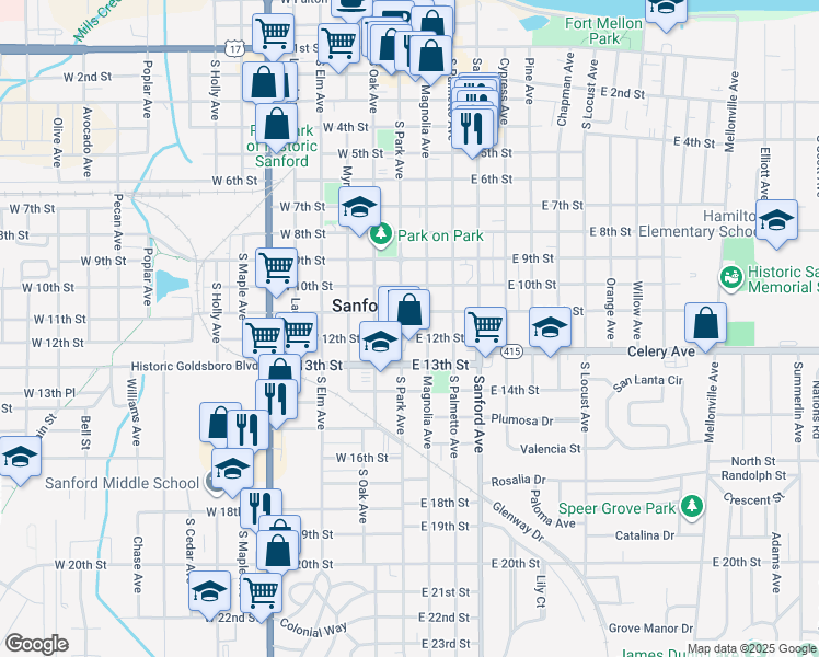 map of restaurants, bars, coffee shops, grocery stores, and more near 1113 South Park Avenue in Sanford
