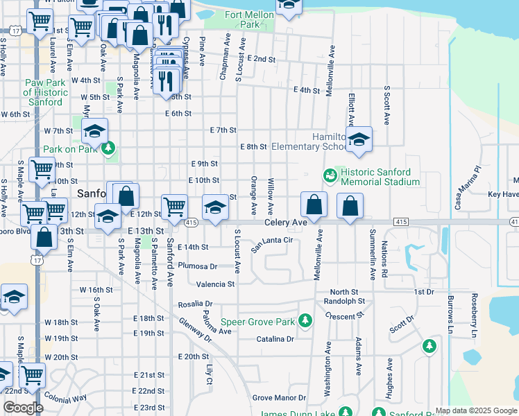 map of restaurants, bars, coffee shops, grocery stores, and more near 904 Florida 415 Alternate in Sanford