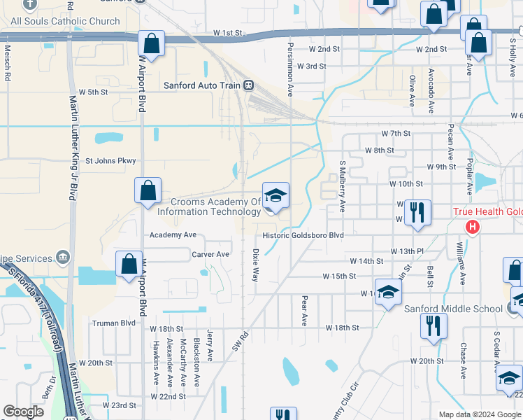 map of restaurants, bars, coffee shops, grocery stores, and more near 2200 West 13th Street in Sanford