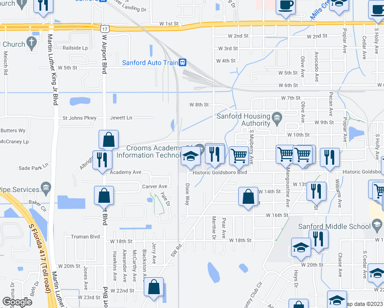 map of restaurants, bars, coffee shops, grocery stores, and more near 2200 West 13th Street in Sanford