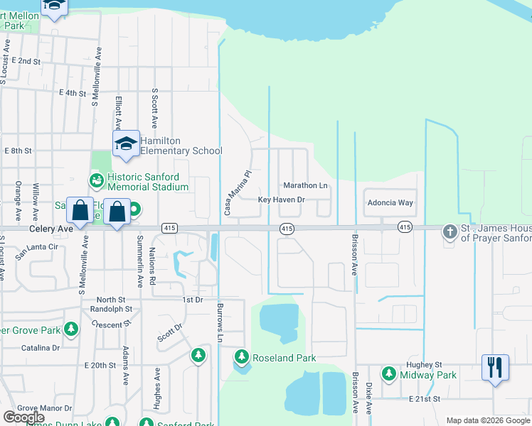 map of restaurants, bars, coffee shops, grocery stores, and more near 324 Conch Key Way in Sanford