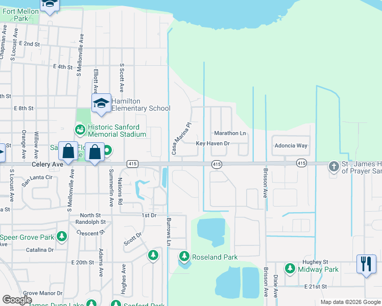 map of restaurants, bars, coffee shops, grocery stores, and more near 508 Casa Marina Place in Sanford