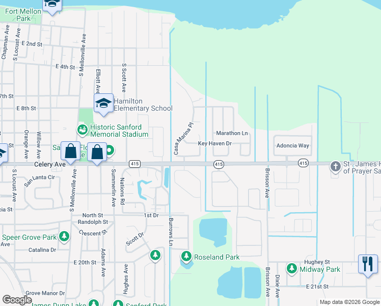 map of restaurants, bars, coffee shops, grocery stores, and more near 508 Casa Marina Place in Sanford
