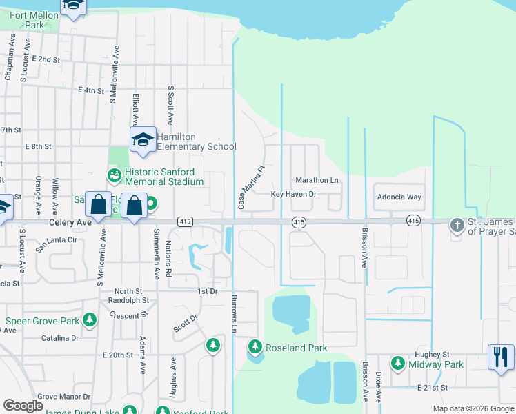 map of restaurants, bars, coffee shops, grocery stores, and more near 508 Casa Marina Place in Sanford