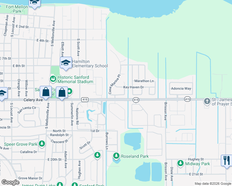 map of restaurants, bars, coffee shops, grocery stores, and more near 508 Casa Marina Place in Sanford