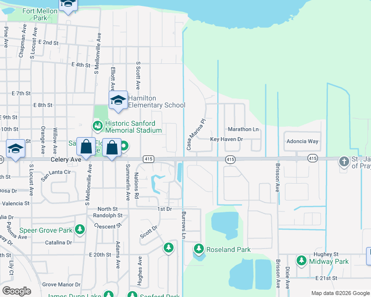map of restaurants, bars, coffee shops, grocery stores, and more near 444 Casa Marina Place in Sanford