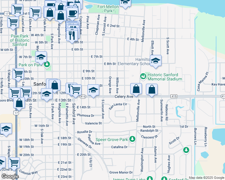 map of restaurants, bars, coffee shops, grocery stores, and more near 904 Florida 415 Alternate in Sanford