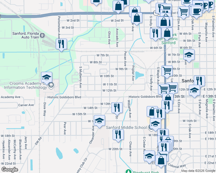 map of restaurants, bars, coffee shops, grocery stores, and more near 1307 West 12th Street in Sanford