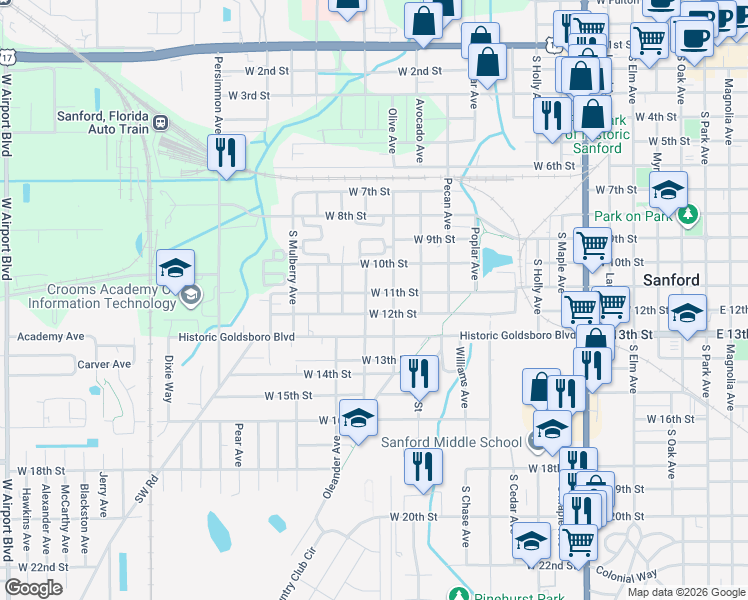 map of restaurants, bars, coffee shops, grocery stores, and more near 1307 West 12th Street in Sanford