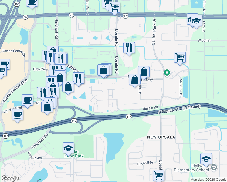 map of restaurants, bars, coffee shops, grocery stores, and more near 1263 Berkman Circle in Sanford