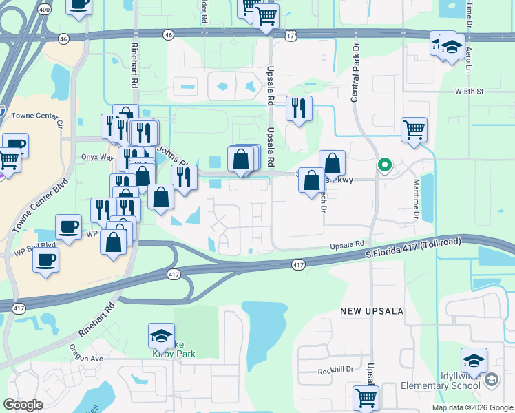 map of restaurants, bars, coffee shops, grocery stores, and more near 1012 Berkman Circle in Sanford
