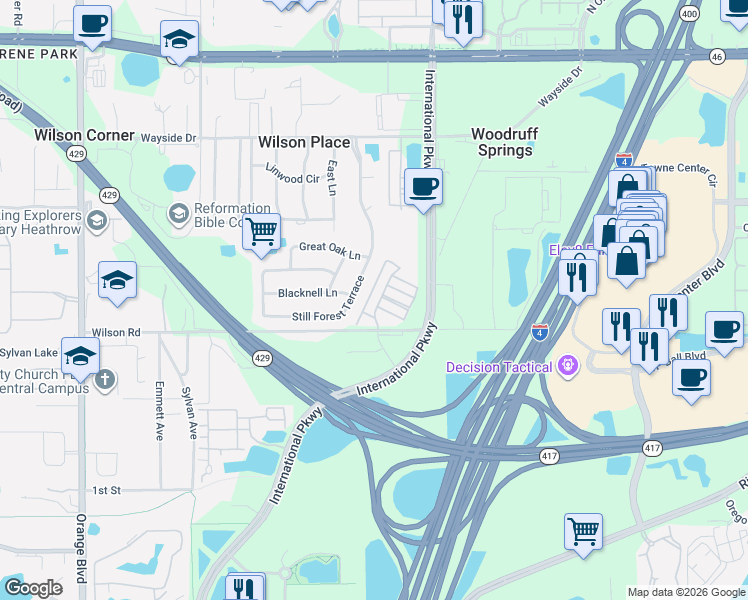 map of restaurants, bars, coffee shops, grocery stores, and more near 5316 Factors Walk Drive in Sanford