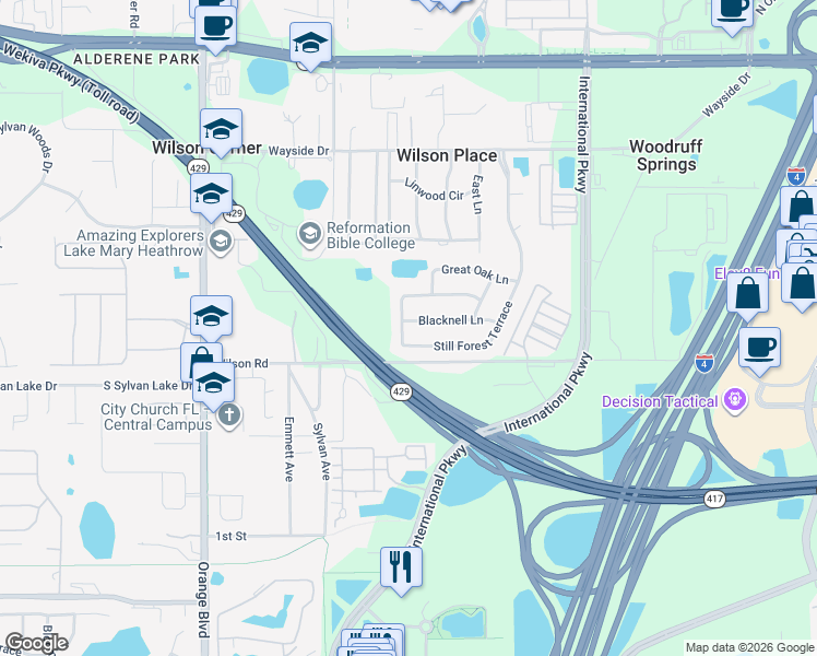 map of restaurants, bars, coffee shops, grocery stores, and more near 443 Still Forest Terrace in Sanford