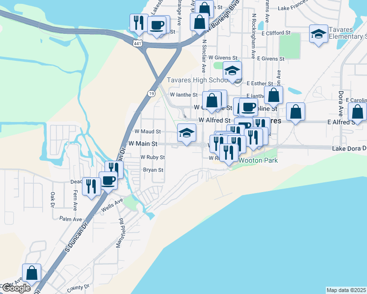 map of restaurants, bars, coffee shops, grocery stores, and more near 551 West Main Street in Tavares