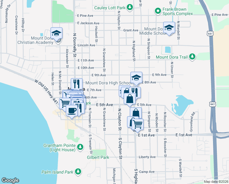 map of restaurants, bars, coffee shops, grocery stores, and more near 616 East 7th Avenue in Mount Dora
