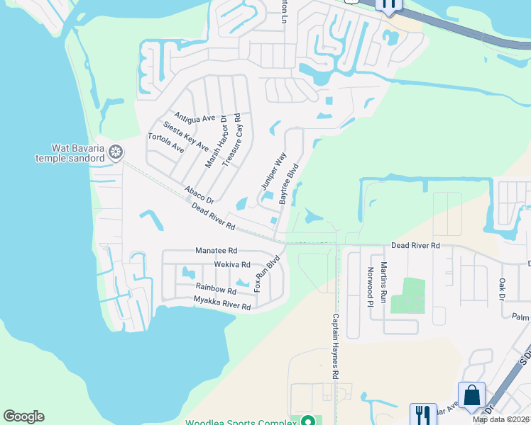 map of restaurants, bars, coffee shops, grocery stores, and more near 129 Juniper Way in Tavares