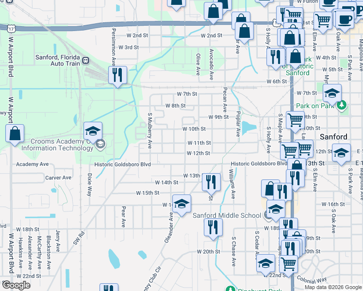 map of restaurants, bars, coffee shops, grocery stores, and more near 1415 West 12th Street in Sanford