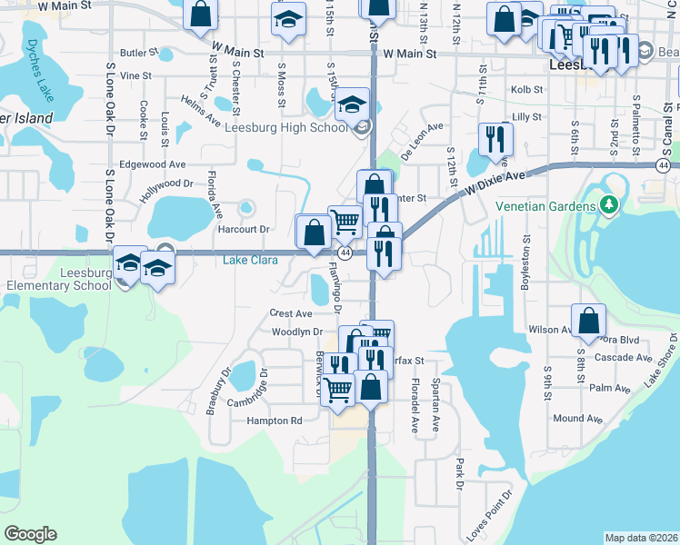map of restaurants, bars, coffee shops, grocery stores, and more near 910 Flamingo Drive in Leesburg