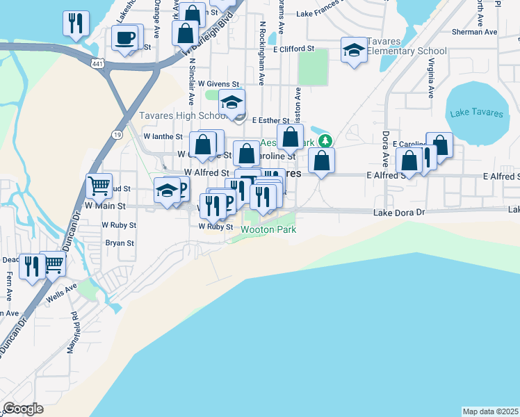map of restaurants, bars, coffee shops, grocery stores, and more near 201 East Main Street in Tavares