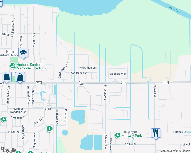 map of restaurants, bars, coffee shops, grocery stores, and more near 415 Marathon Lane in Sanford