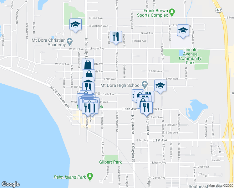 map of restaurants, bars, coffee shops, grocery stores, and more near 501 East 7th Avenue in Mount Dora