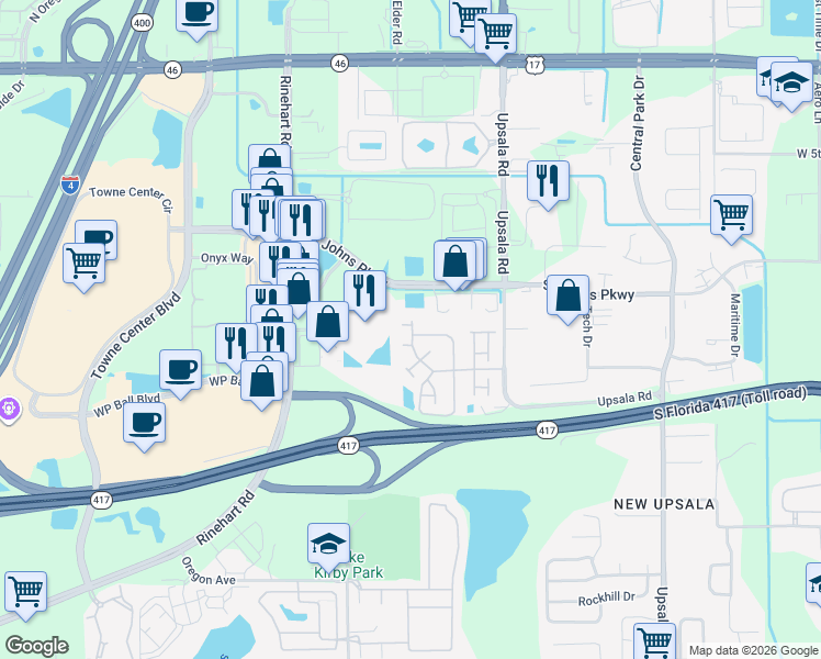 map of restaurants, bars, coffee shops, grocery stores, and more near 1161 Loyola Court in Sanford