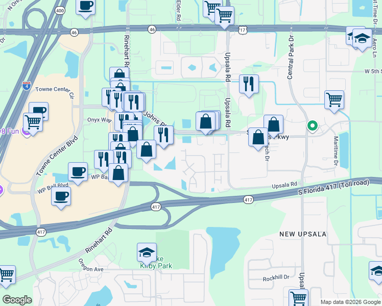 map of restaurants, bars, coffee shops, grocery stores, and more near 2511 Stockton Drive in Sanford