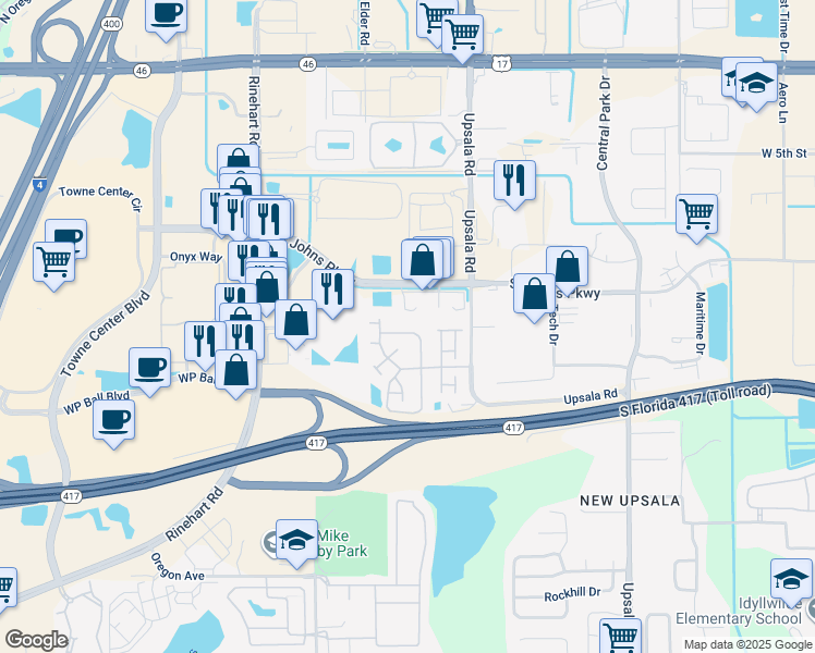 map of restaurants, bars, coffee shops, grocery stores, and more near 267 Bellagio Circle in Sanford