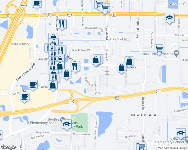 map of restaurants, bars, coffee shops, grocery stores, and more near 2311 Stockton Drive in Sanford