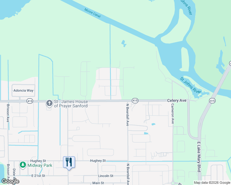 map of restaurants, bars, coffee shops, grocery stores, and more near 3698 Arbordale Loop in Sanford