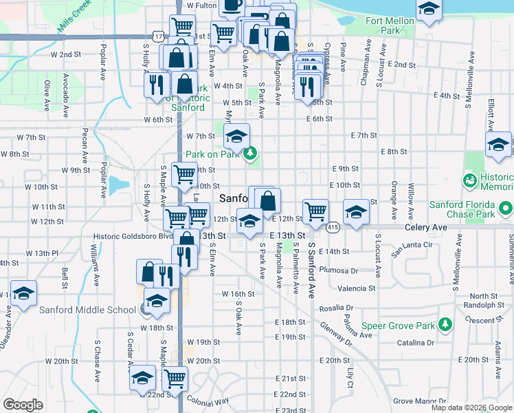 map of restaurants, bars, coffee shops, grocery stores, and more near 1011 South Oak Avenue in Sanford