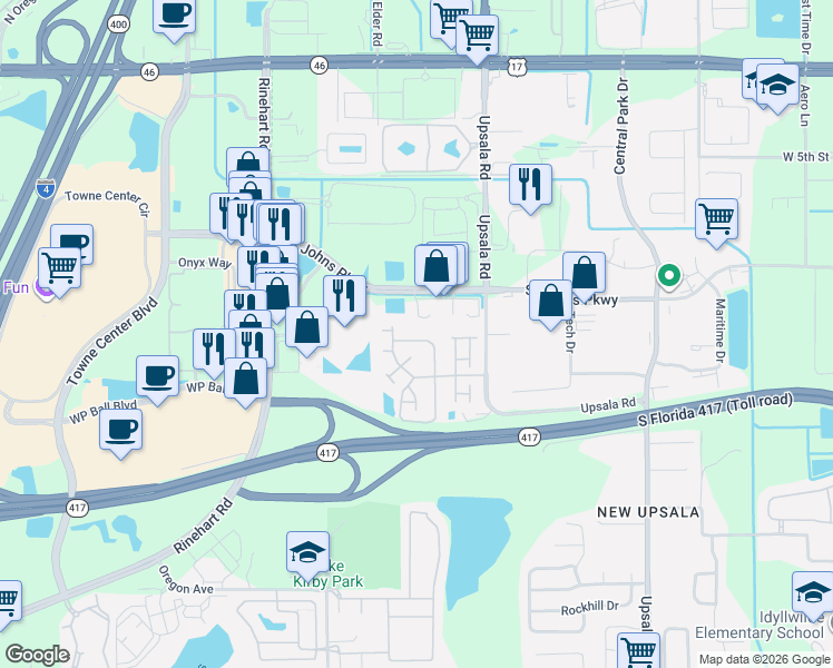 map of restaurants, bars, coffee shops, grocery stores, and more near 267 Bellagio Circle in Sanford