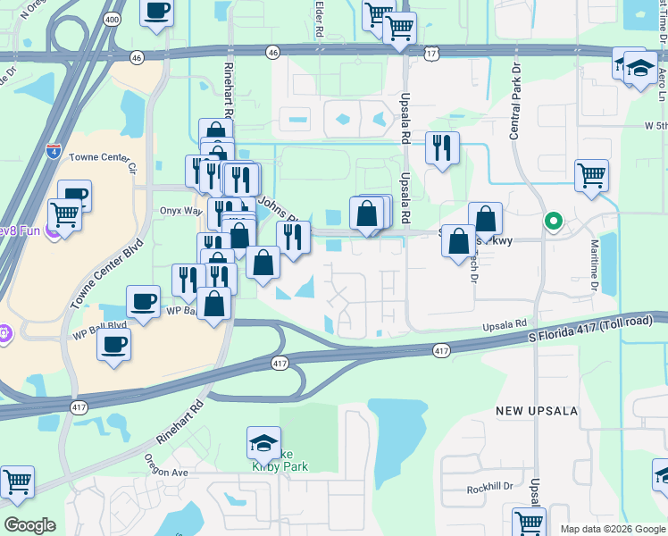 map of restaurants, bars, coffee shops, grocery stores, and more near 267 Bellagio Circle in Sanford