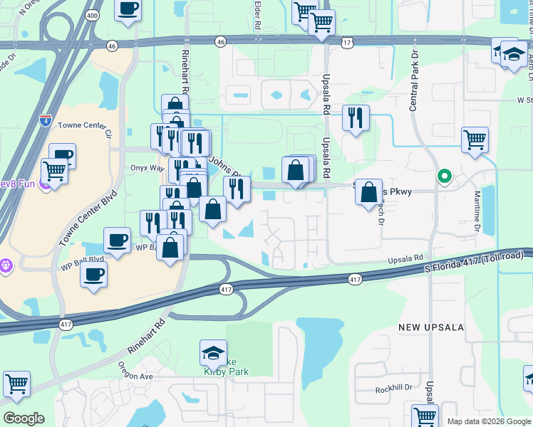 map of restaurants, bars, coffee shops, grocery stores, and more near 1161 Loyola Court in Sanford