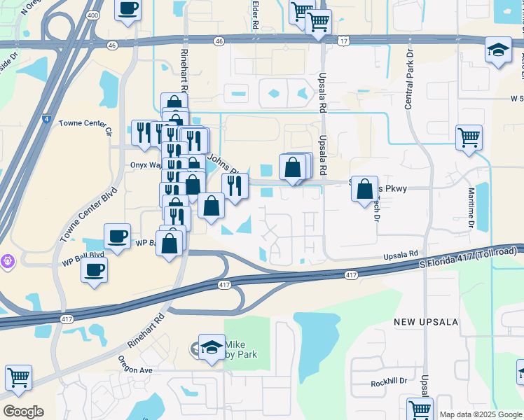 map of restaurants, bars, coffee shops, grocery stores, and more near 1161 Loyola Court in Sanford