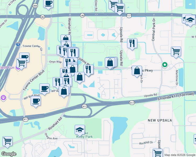 map of restaurants, bars, coffee shops, grocery stores, and more near 1161 Loyola Court in Sanford