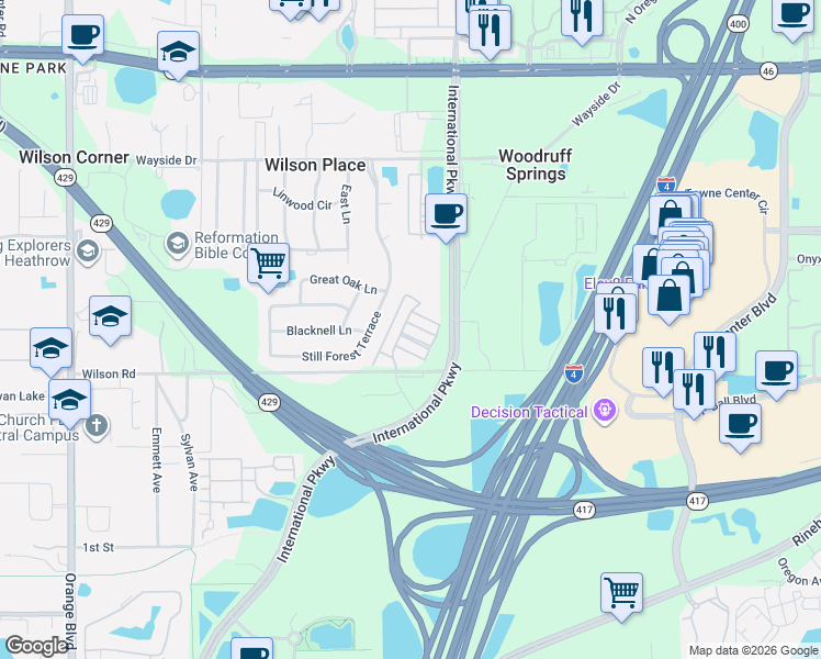 map of restaurants, bars, coffee shops, grocery stores, and more near 509 Telfair Square Court in Sanford