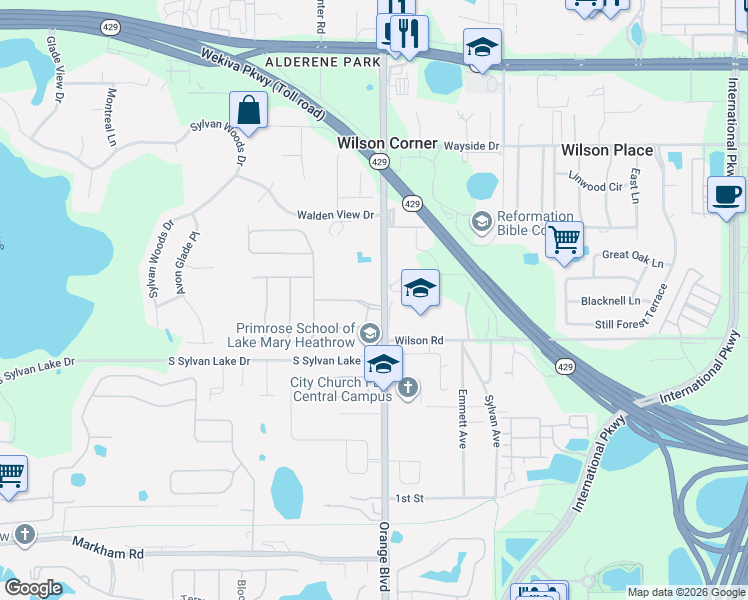 map of restaurants, bars, coffee shops, grocery stores, and more near 308 North Orange Avenue in Sanford