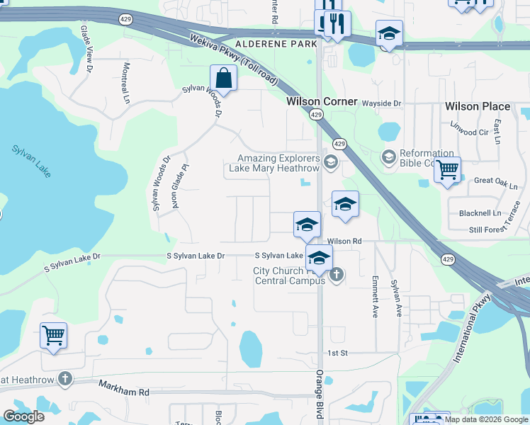 map of restaurants, bars, coffee shops, grocery stores, and more near 309 Meadow Beauty Terrace in Sanford