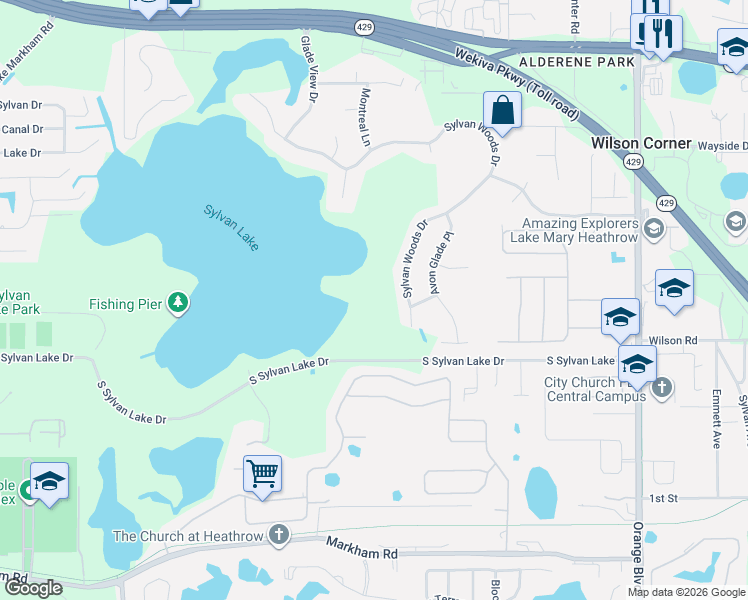 map of restaurants, bars, coffee shops, grocery stores, and more near 6668 Sylvan Woods Drive in Sanford