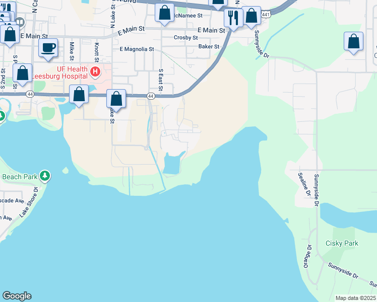 map of restaurants, bars, coffee shops, grocery stores, and more near 821 Lake Port Boulevard in Leesburg