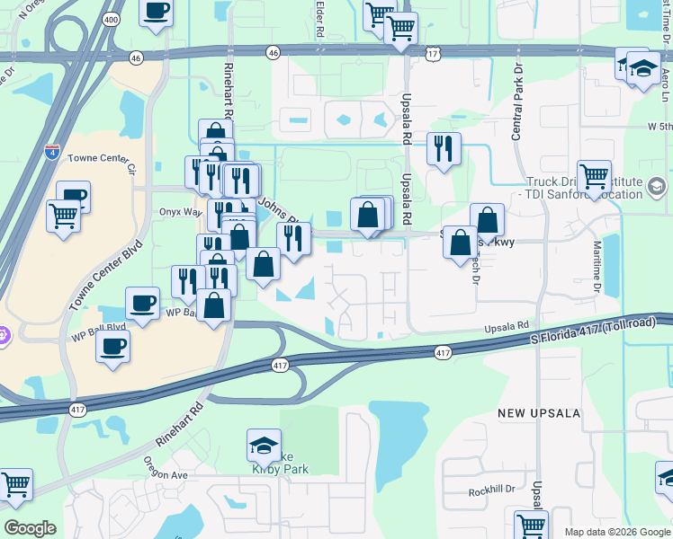 map of restaurants, bars, coffee shops, grocery stores, and more near 2551 Stockton Drive in Sanford