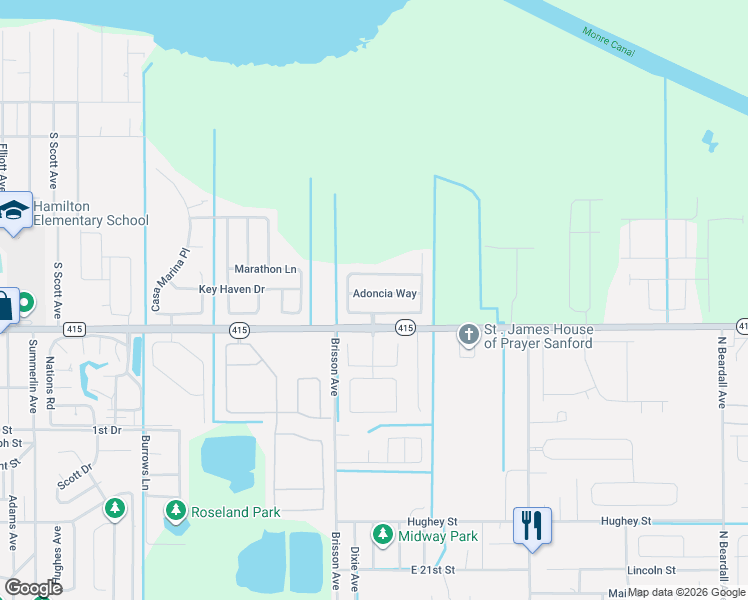 map of restaurants, bars, coffee shops, grocery stores, and more near 121 Adoncia Way in Sanford