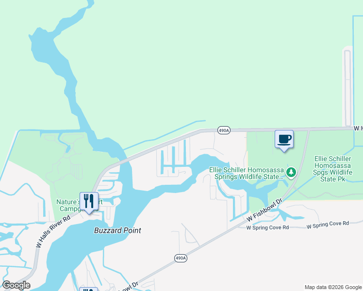 map of restaurants, bars, coffee shops, grocery stores, and more near 9889 West Halls River Road in Homosassa
