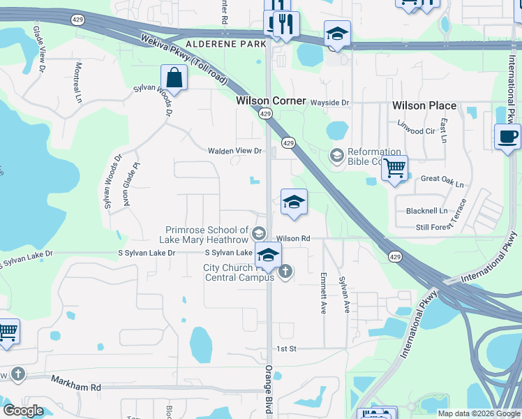 map of restaurants, bars, coffee shops, grocery stores, and more near 308 North Orange Avenue in Sanford