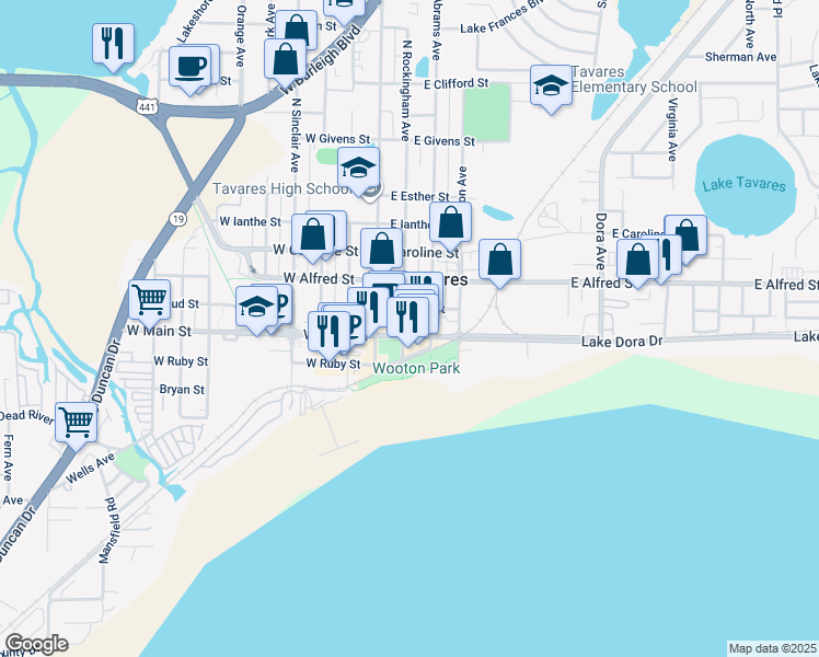 map of restaurants, bars, coffee shops, grocery stores, and more near 201 East Main Street in Tavares